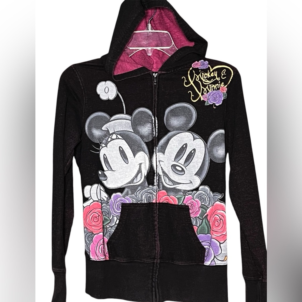 DISNEY PARKS BLACK PINK GOLD MICKEY & MINNIE ROSES FULL ZIP HOODIE SZ S / SMALL